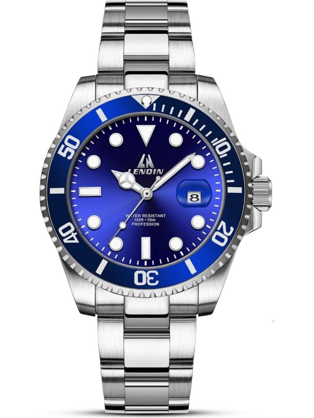 Men's Silver Blue Stainless Steel Analog Quartz Waterproof Luminous Wrist Watch
